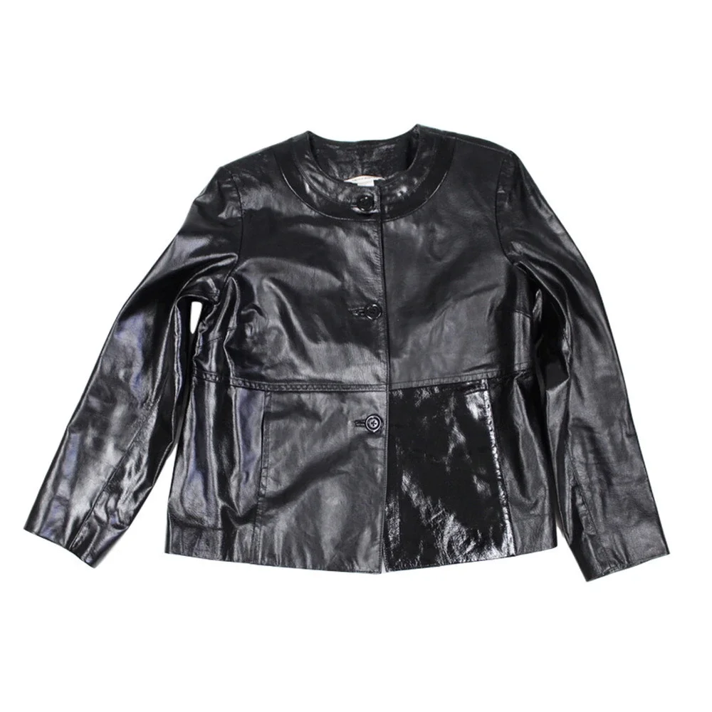 LAURA ASHLEY Genuine Patent & Glossy Black Leather Jacket SZ M MSRP$218